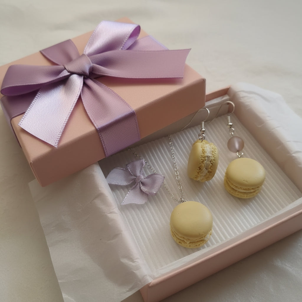 Macaron-shaped necklace and earrings being gift wrapped