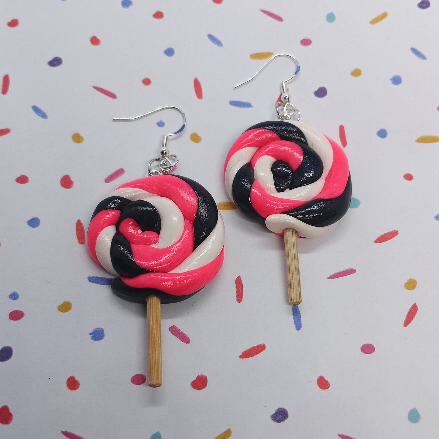 Hot Pink, Black & White Lollipop Swirl Dangle Earrings – Handmade Food-Themed Jewelry