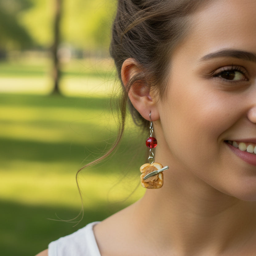 PB&J toast earrings with knife charm – handmade food jewelry"