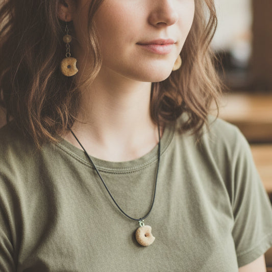 Jewelry set with necklaces and earrings featuring round, beige charms on a soft background.