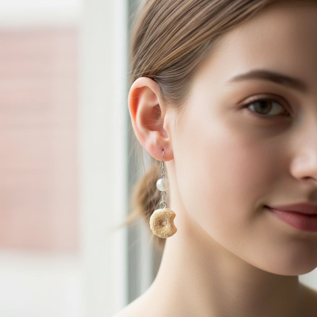 Donut-shaped earrings with beads on model