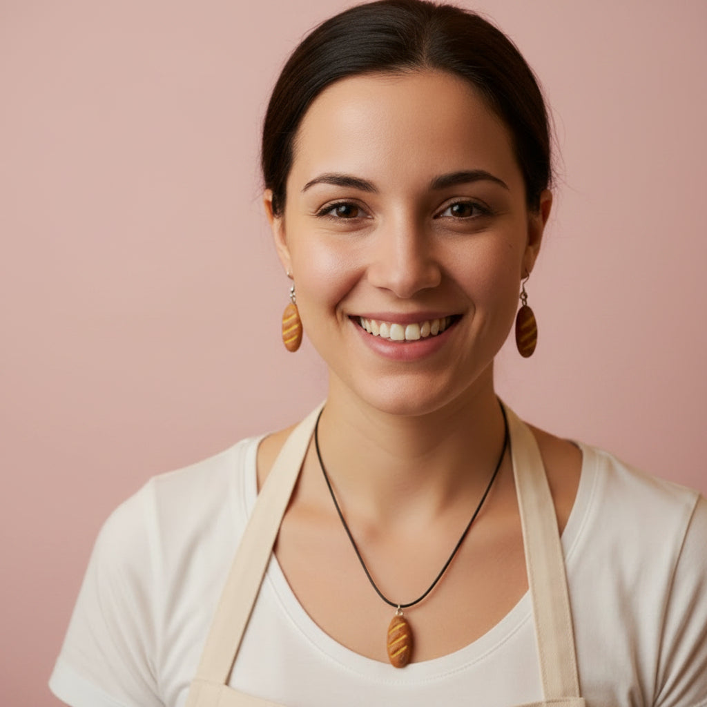 model wearing a baguette themed necklace and earrings 