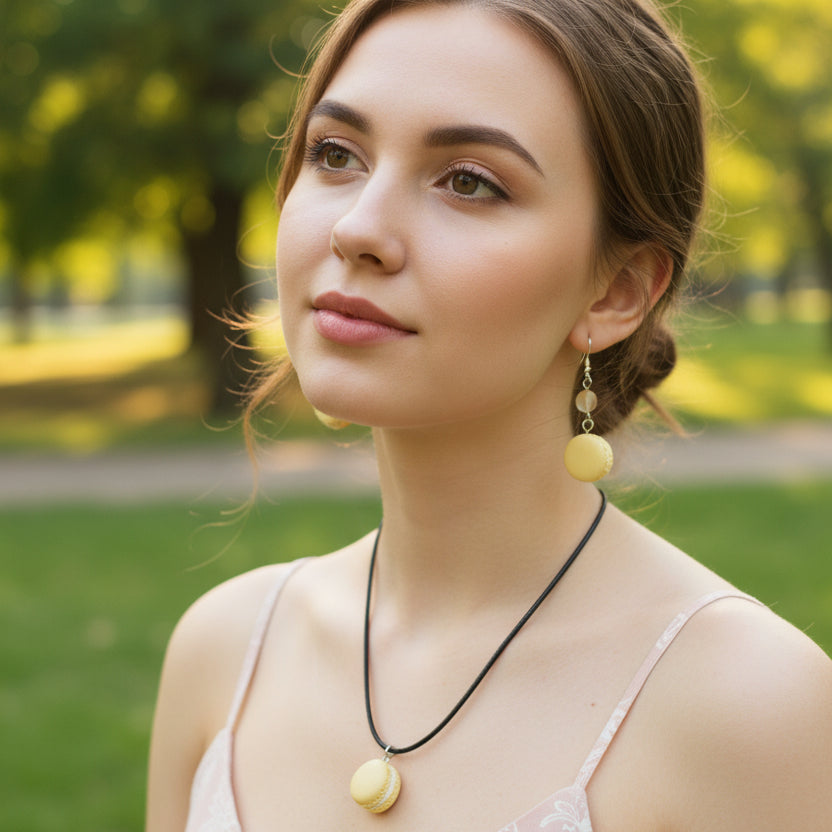 Necklace and earrings macaron-shaped pendants worn by model in the park