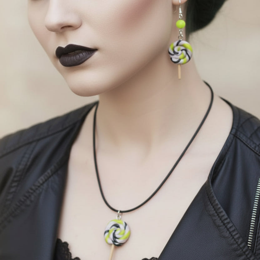 model wearing lollipop earrings and necklace
