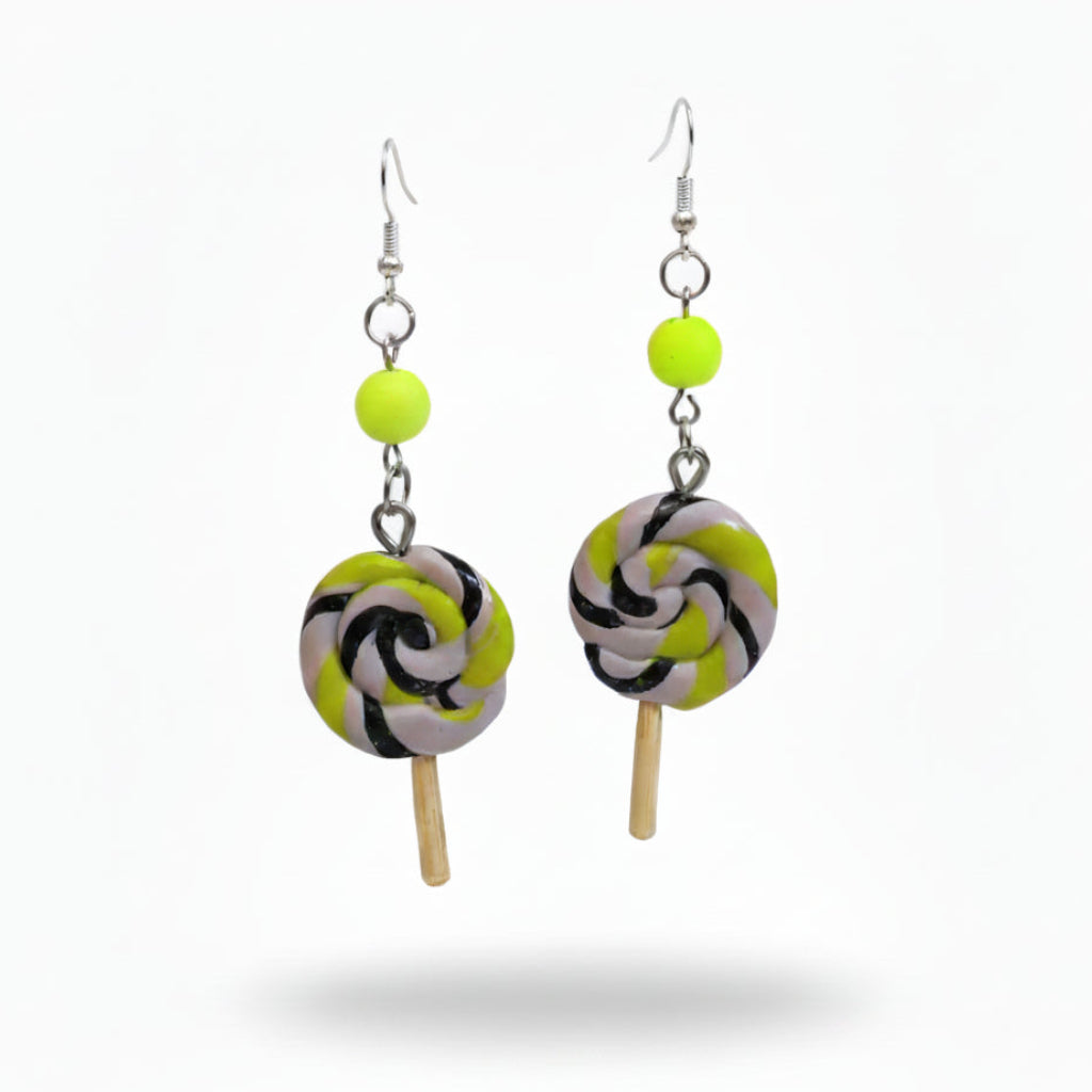 Lollipop-shaped earrings with green beads on a white background