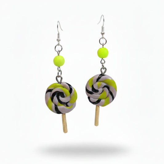 Lollipop-shaped earrings with green beads on a white background