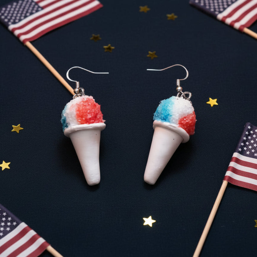 snow cones earrings with patriotic background