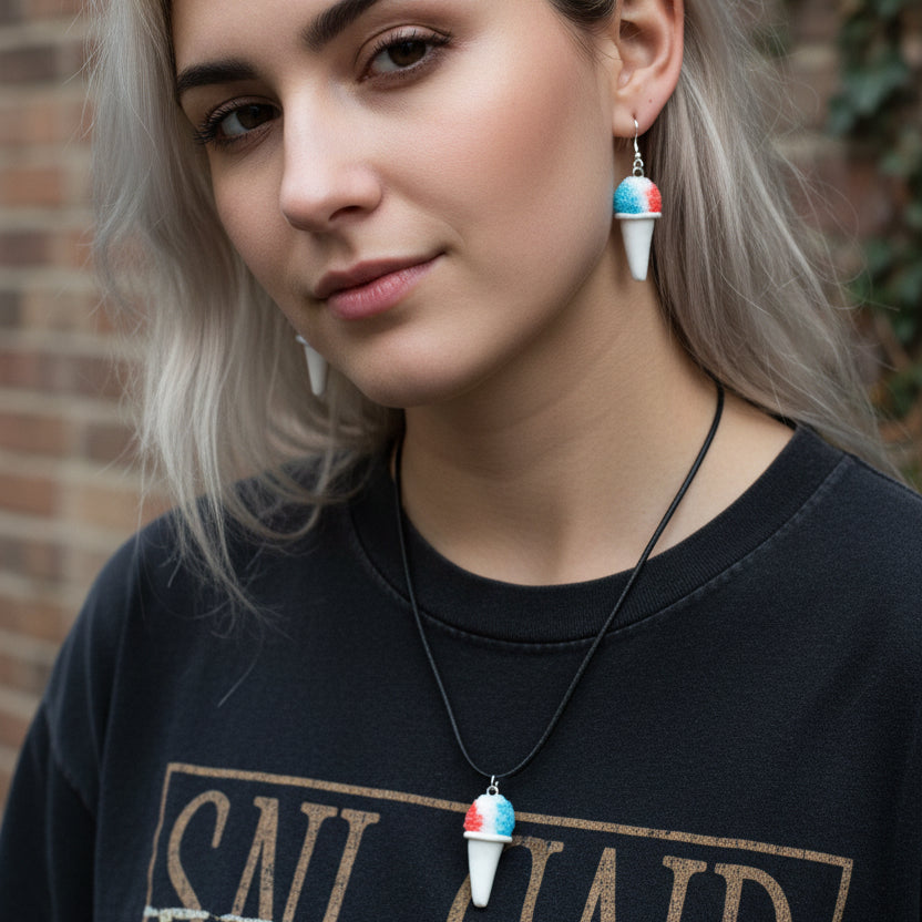 model wearing a snow cone shaped earrings and necklace