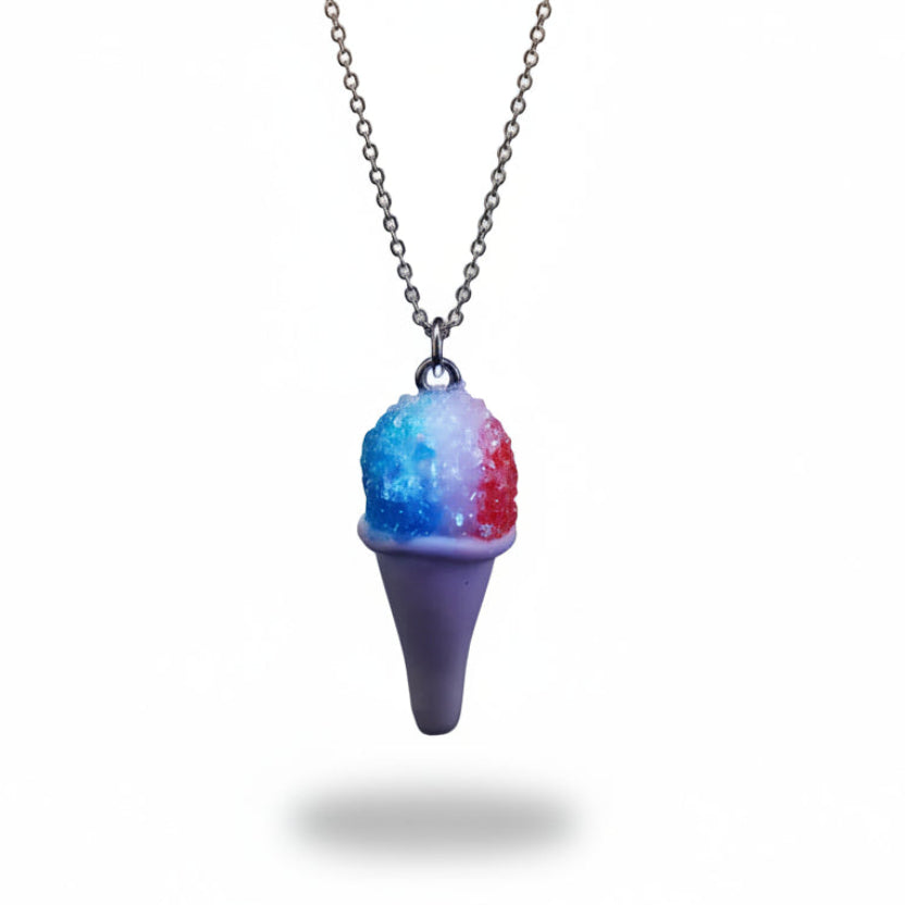 Necklace with a cone-shaped pendant featuring blue and red ice cream on a light gray background