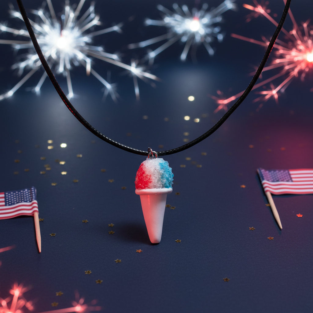 Necklace with a colorful ice cream cone pendant on a four of july background
