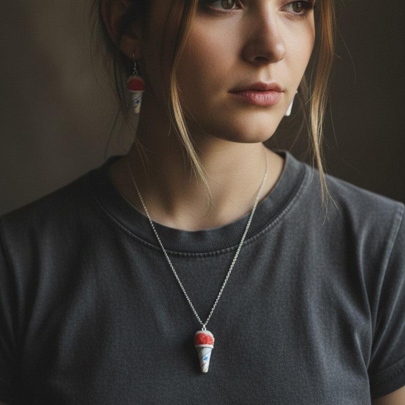 model with snow cone-shaped earrings and a necklace on 