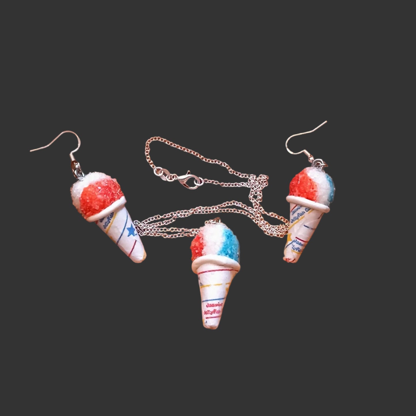 snow cone-shaped earrings and a necklace 