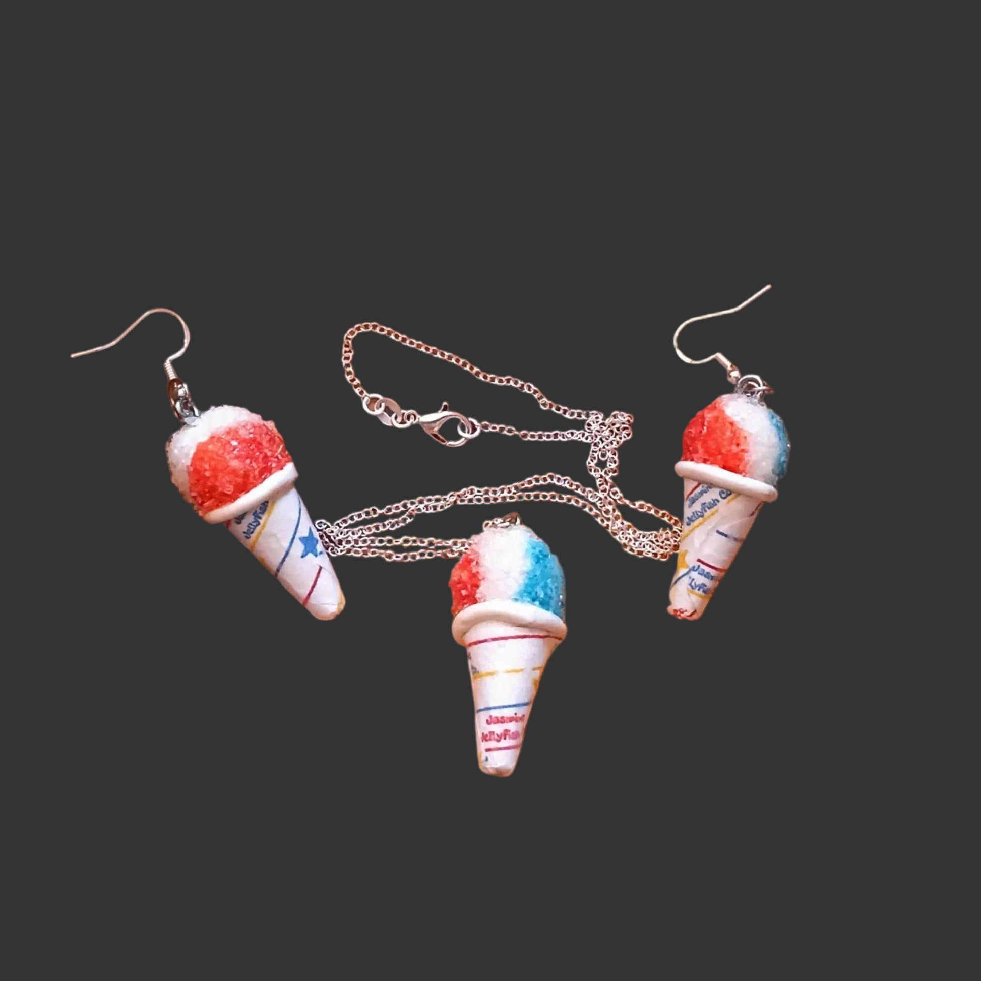 snow cone-shaped earrings and a necklace 