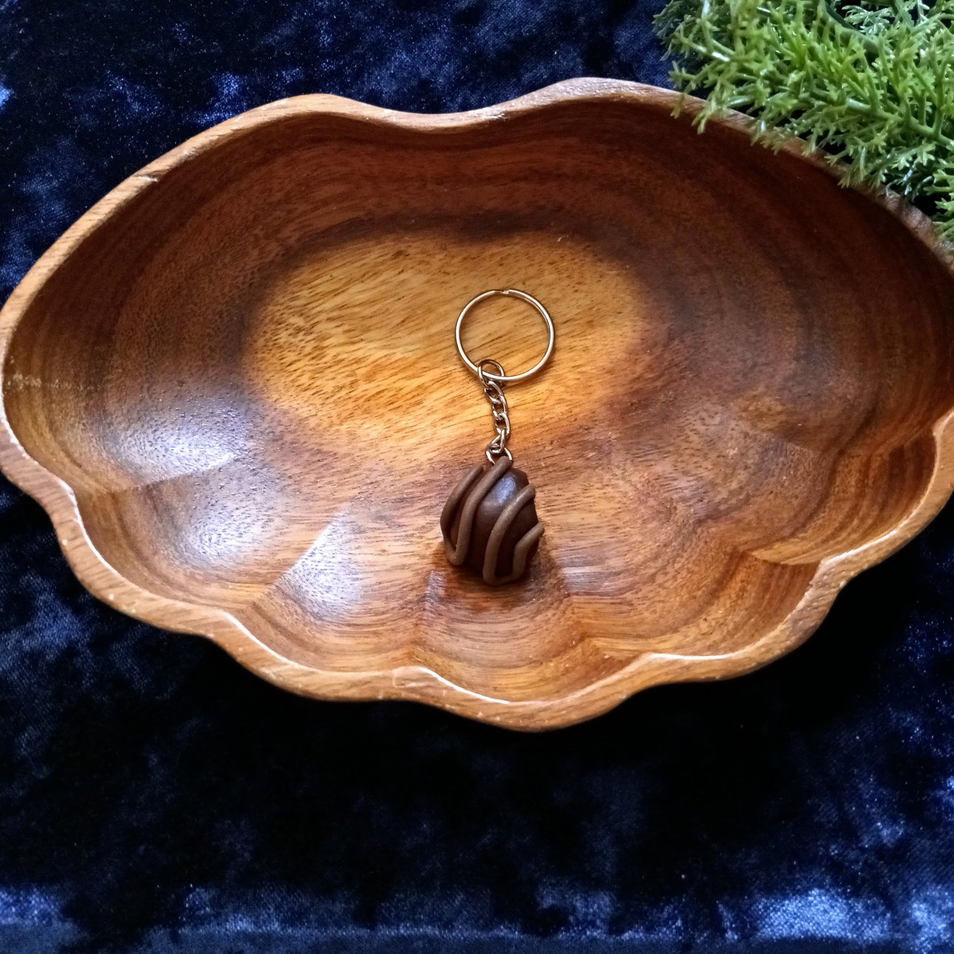 Chocolate truffle Key chain in wooden bowl