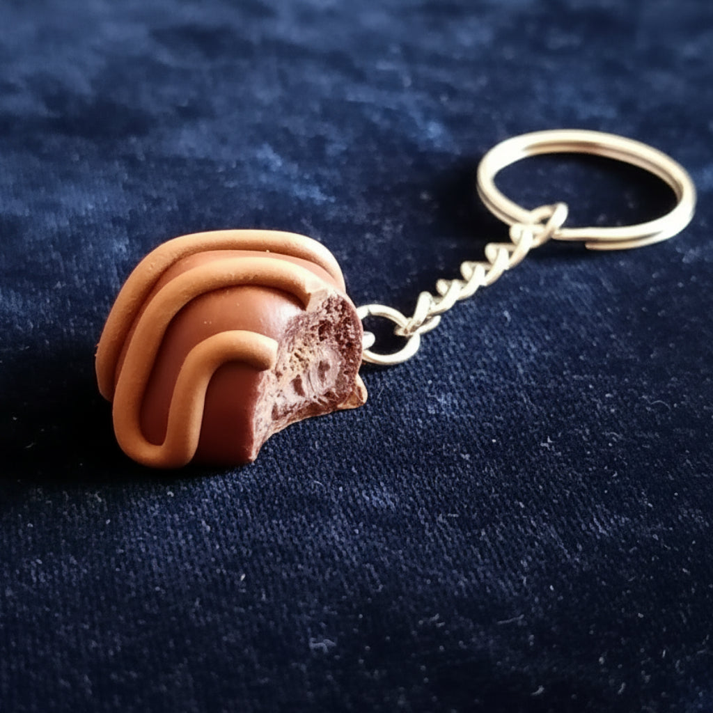 chocolate truffle inspired pendant on a chain against a dark background 