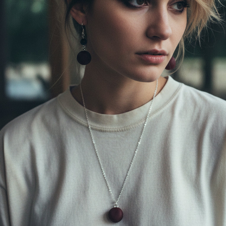 Jewelry set with maroon beads on model