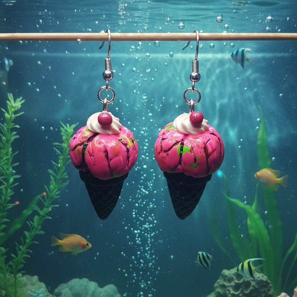 Pink ice cream cone earrings with a aquarium background