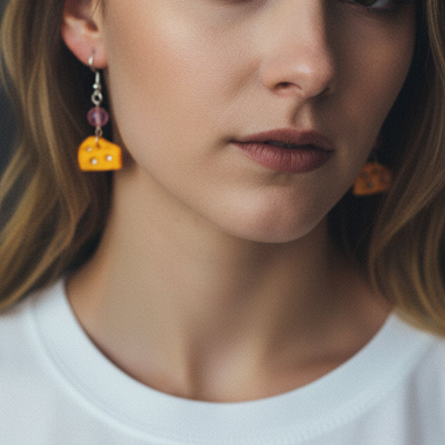 Cheese wedge earrings on model in white tee shirt