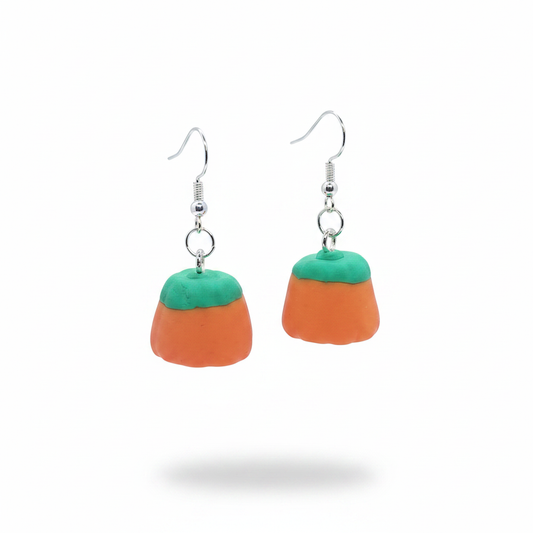 Pumpkin Candy Corn Dangle Earrings – Floating White Background