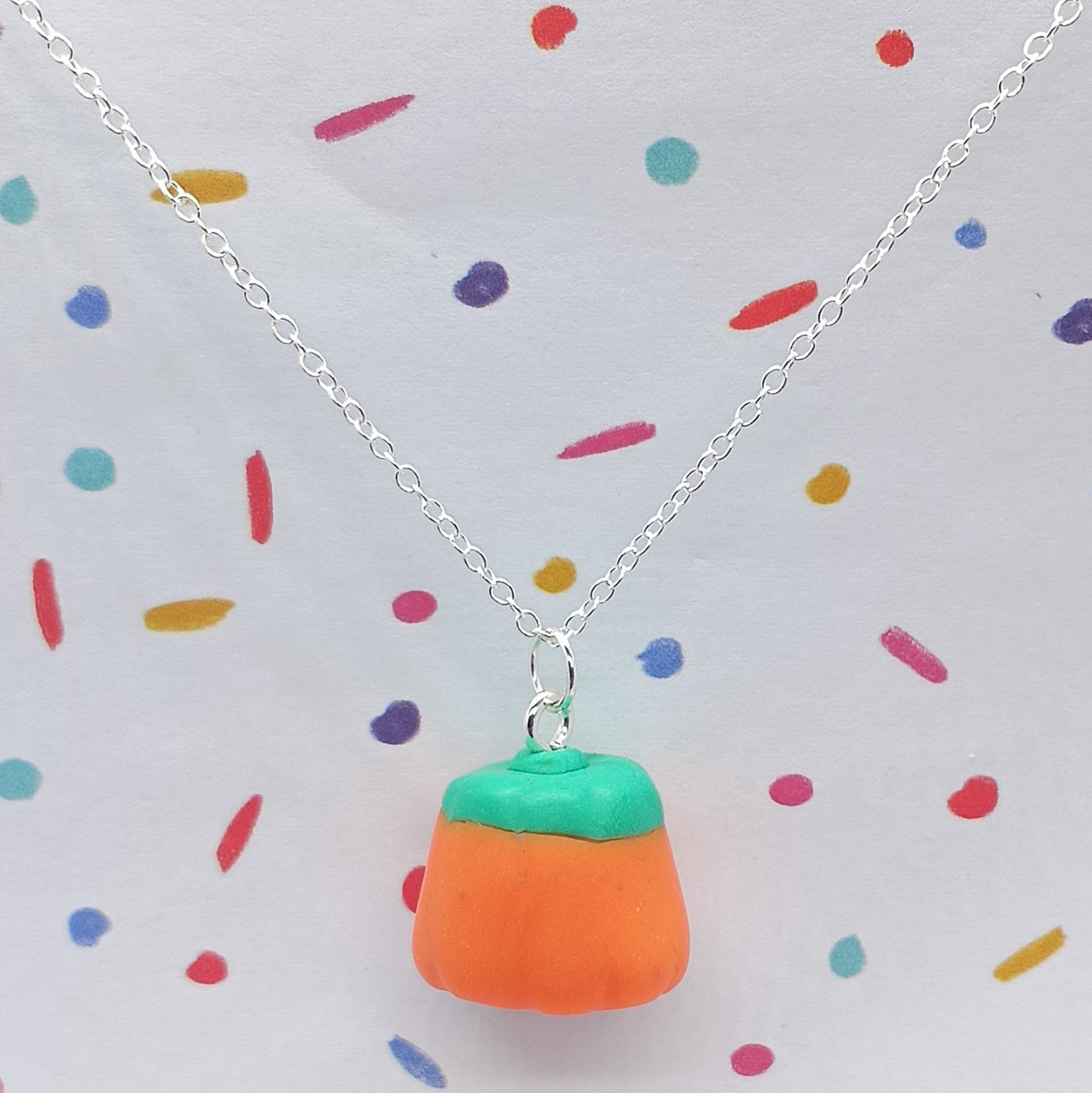 Pumpkin Candy Corn necklace on silver chain