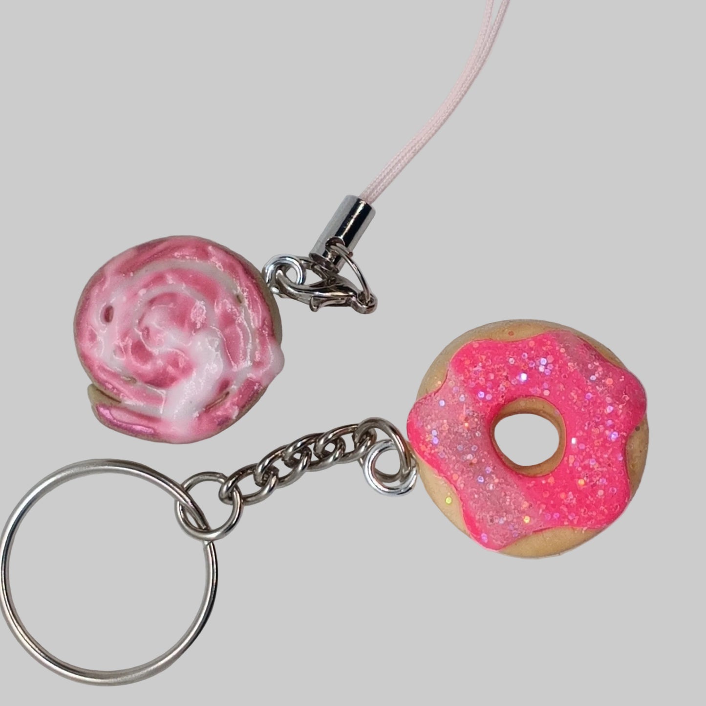 Donut Keychain and cinnamon roll bag charm 