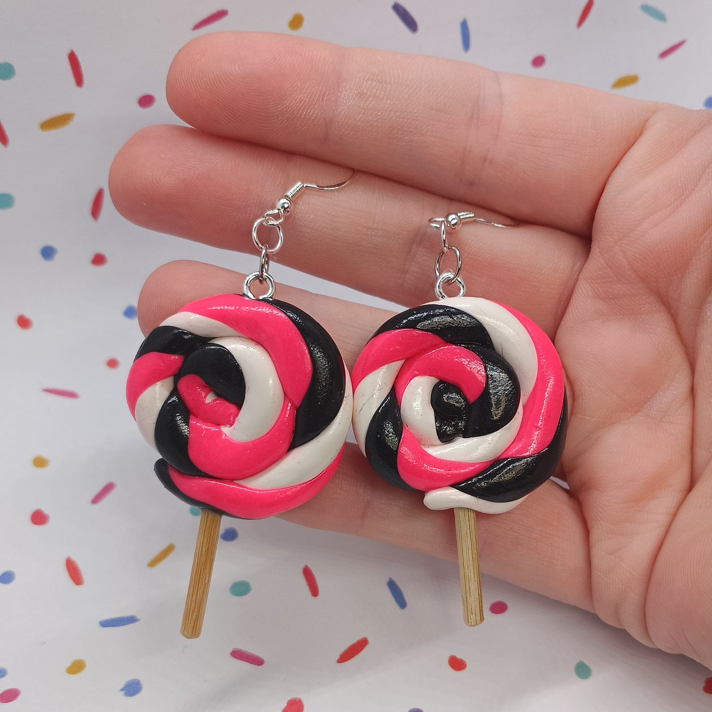 Hot Pink, Black & White Lollipop Swirl Dangle Earrings – Handmade Food-Themed Jewelry