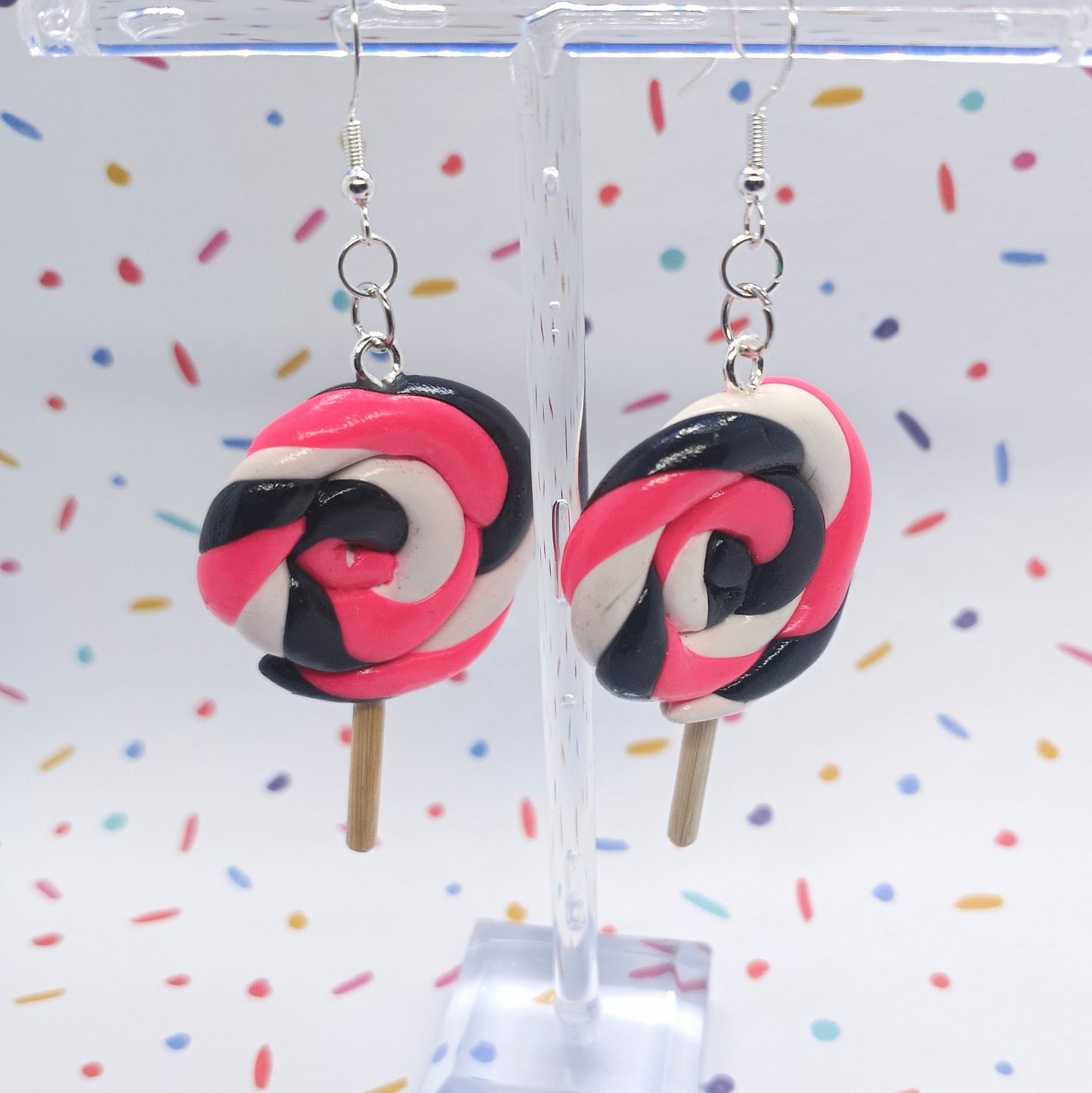 Hot Pink, Black & White Lollipop Swirl Dangle Earrings – Handmade Food-Themed Jewelry