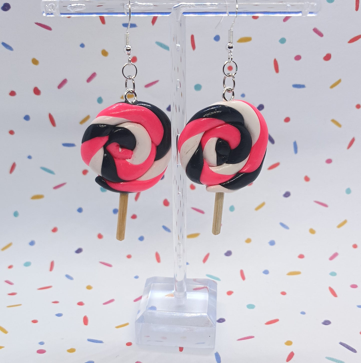 Hot Pink, Black & White Lollipop Swirl Dangle Earrings – Handmade Food-Themed Jewelry