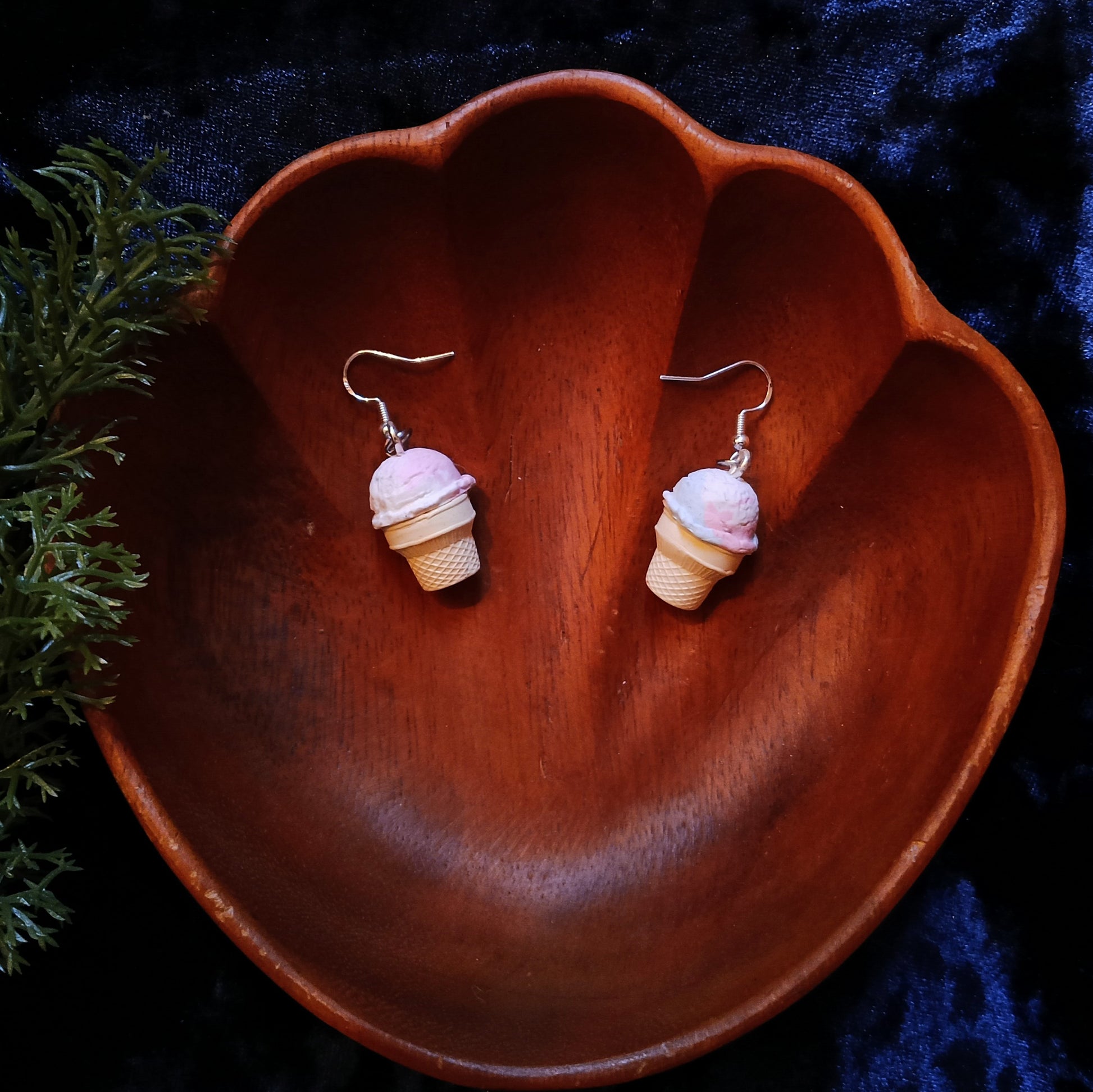 ice cream earrings in wooden bowl