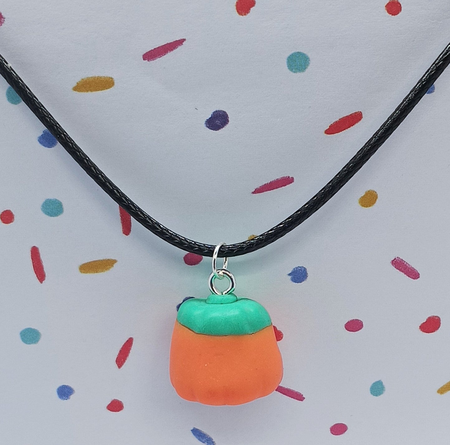 pumpkin candy corn pendant on black cord necklace 