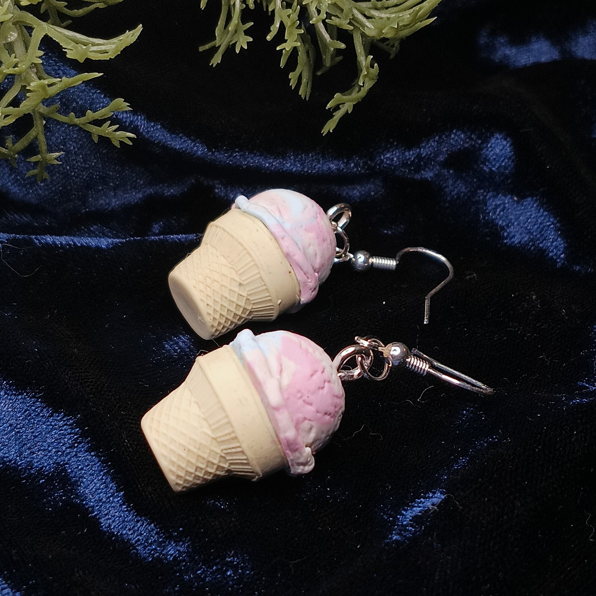 cotton candy ice cream earrings on navy background