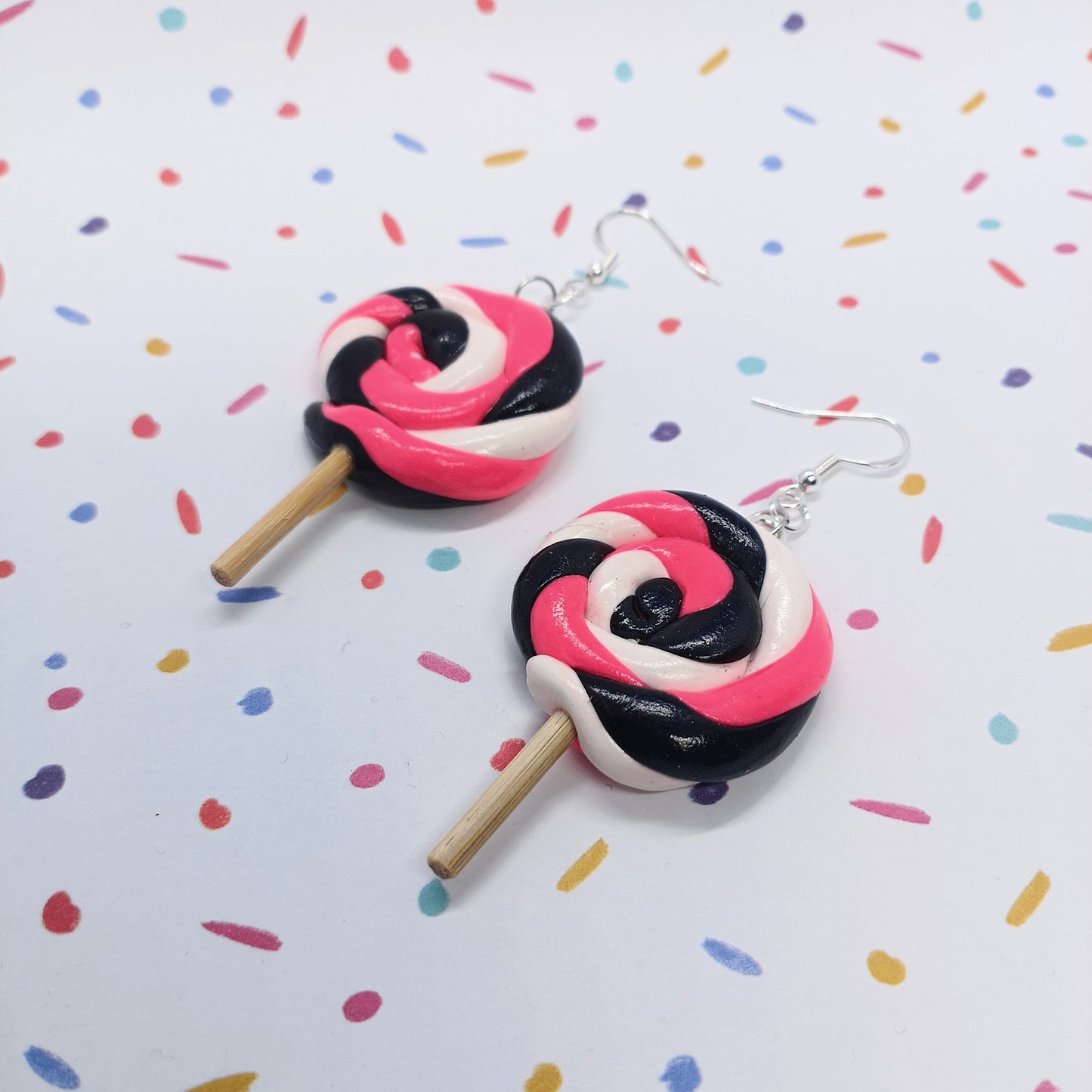 Hot Pink, Black & White Lollipop Swirl Dangle Earrings – Handmade Food-Themed Jewelry