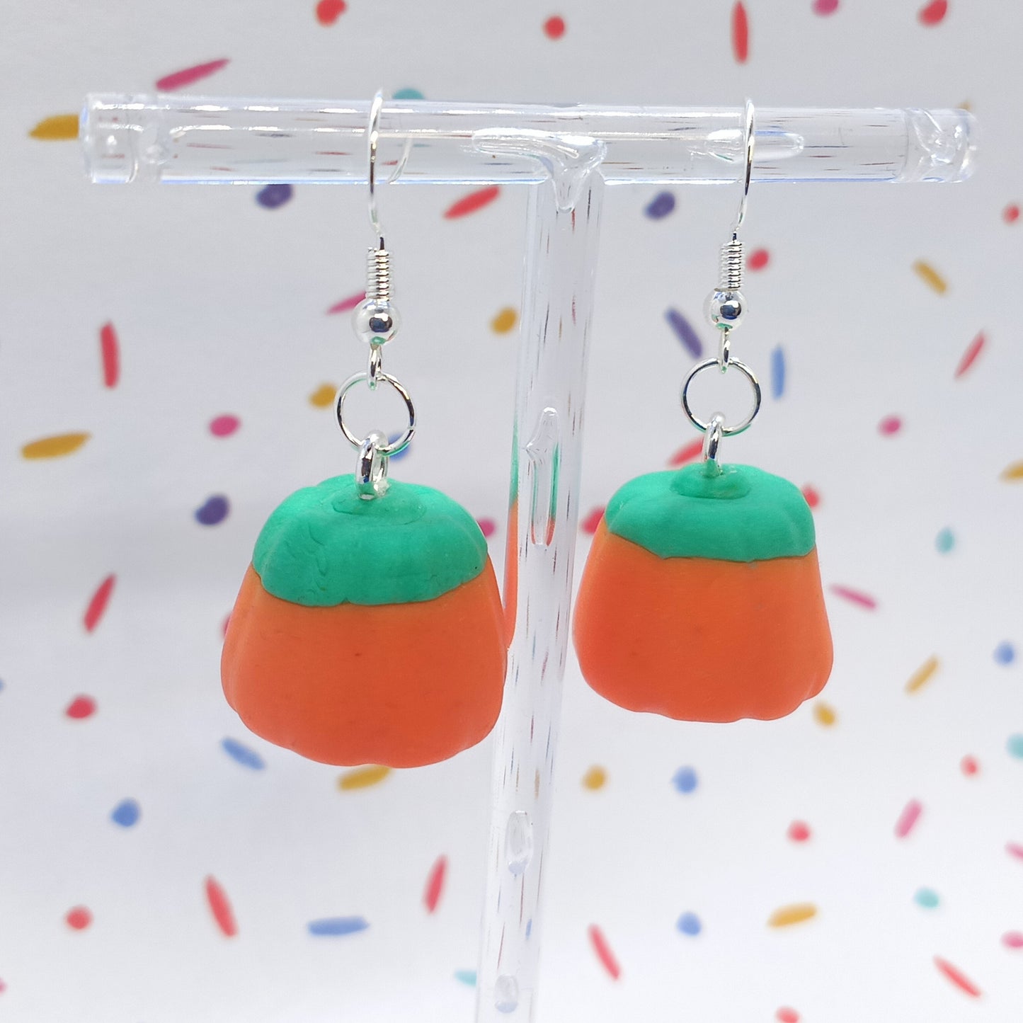 Close up of Pumpkin Candy Corn Earrings