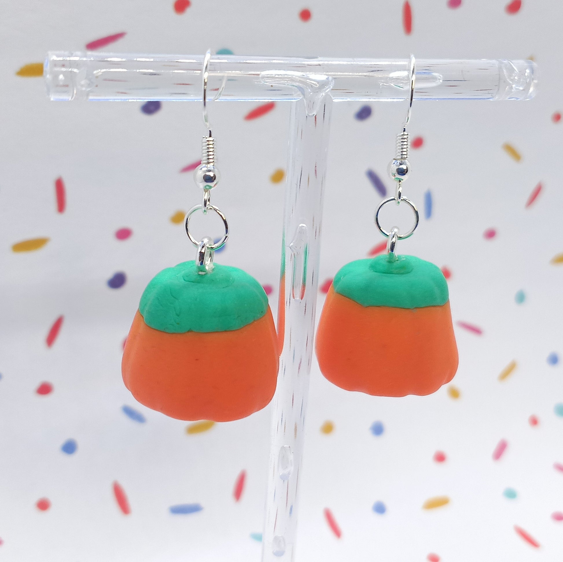 Close up of Pumpkin Candy Corn Earrings
